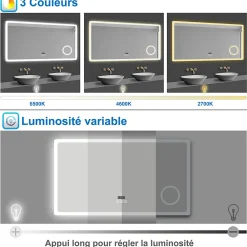 Miroir Lumineux|AICA Sanitaire Miroir salle de bain bluetooth + loupe + horloge + tricolore + anti-buée 100x60cm dimmable,mémoire,tactile,led,