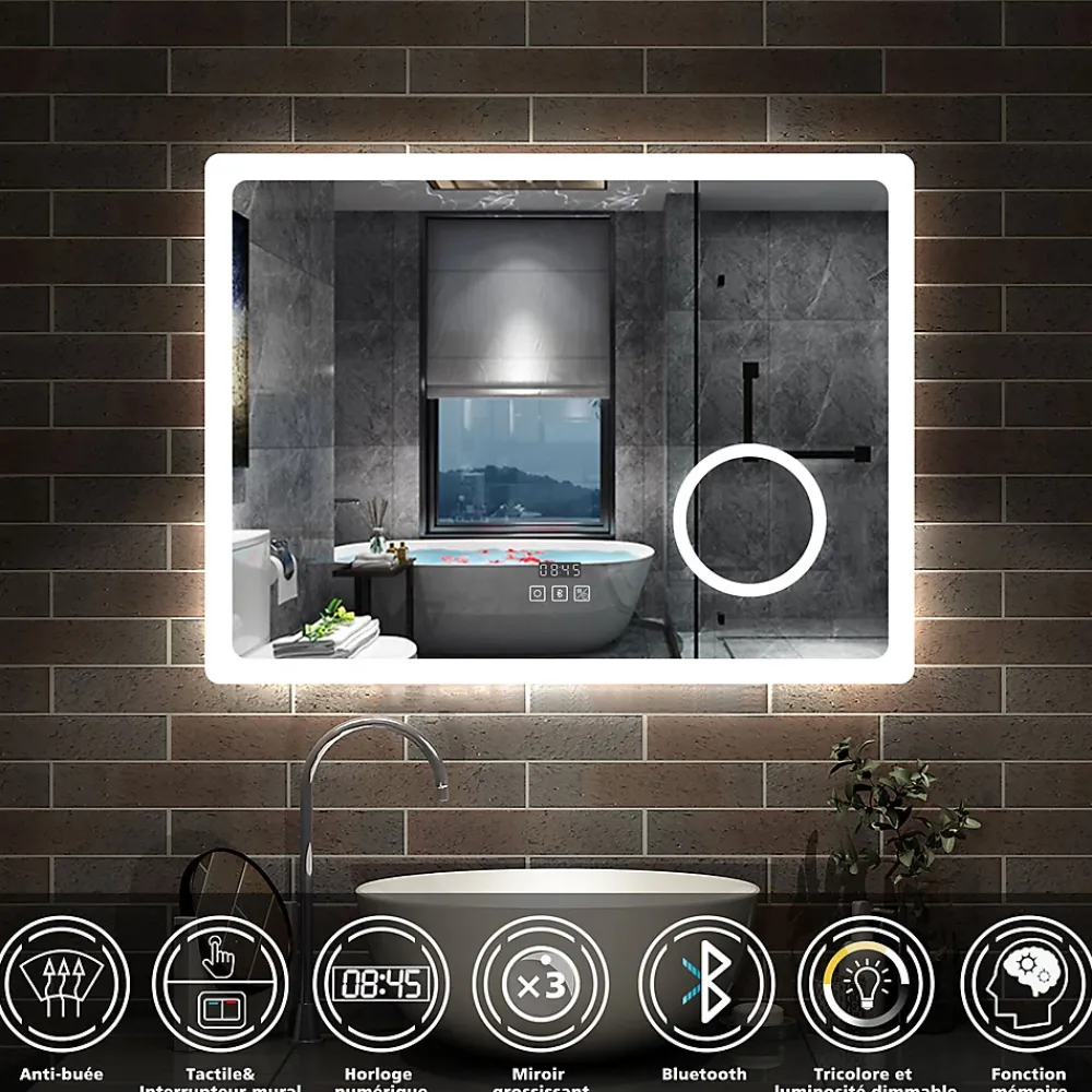 AICA Sanitaire Miroir salle de bain bluetooth + loupe + horloge + tricolore + anti-buée 80x60cm dimmable,mémoire,tactile,led,