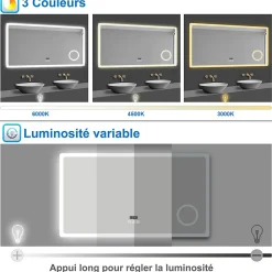 AICA Sanitaire Miroir salle de bain bluetooth + loupe + horloge + tricolore + anti-buée 80x60cm dimmable,mémoire,tactile,led,