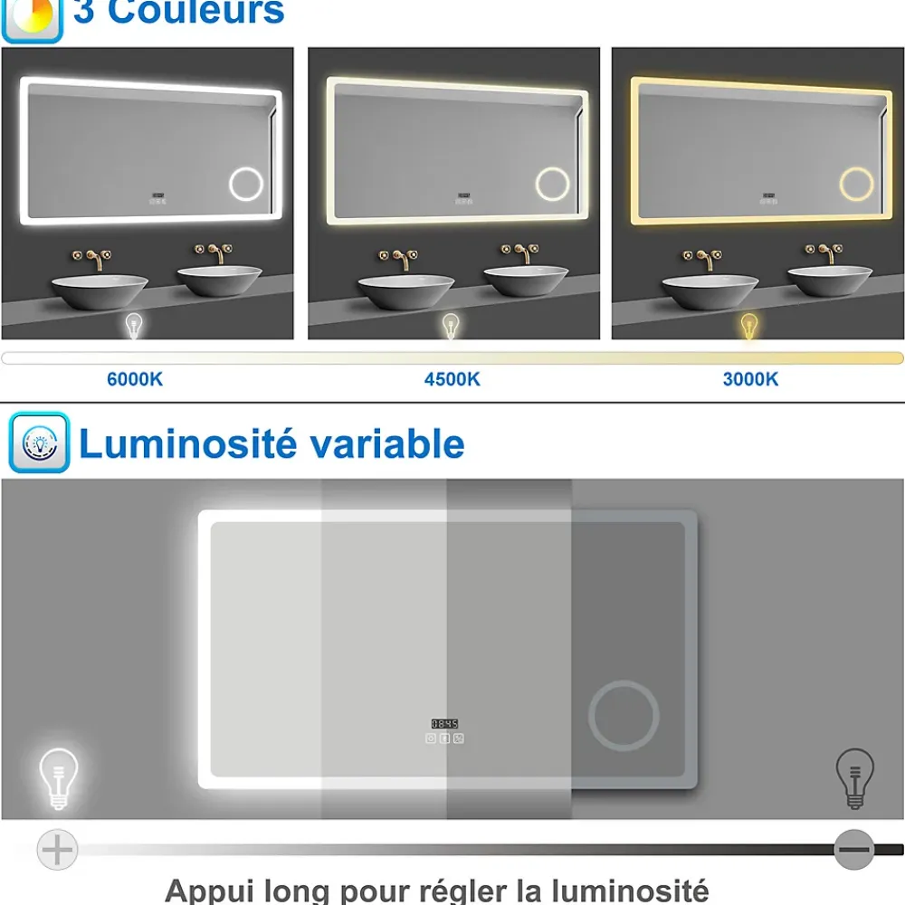 AICA Sanitaire Miroir salle de bain bluetooth + loupe + horloge + tricolore + anti-buée 80x60cm dimmable,mémoire,tactile,led,