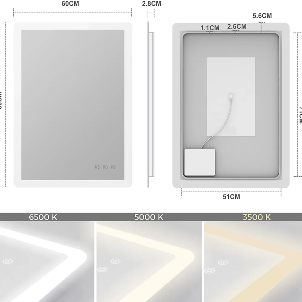Saniverre Miroir salle de bain BOLEO 60 x 80 cm LED lumineux 2100 lms anti-buée + réglage intensité & couleur -