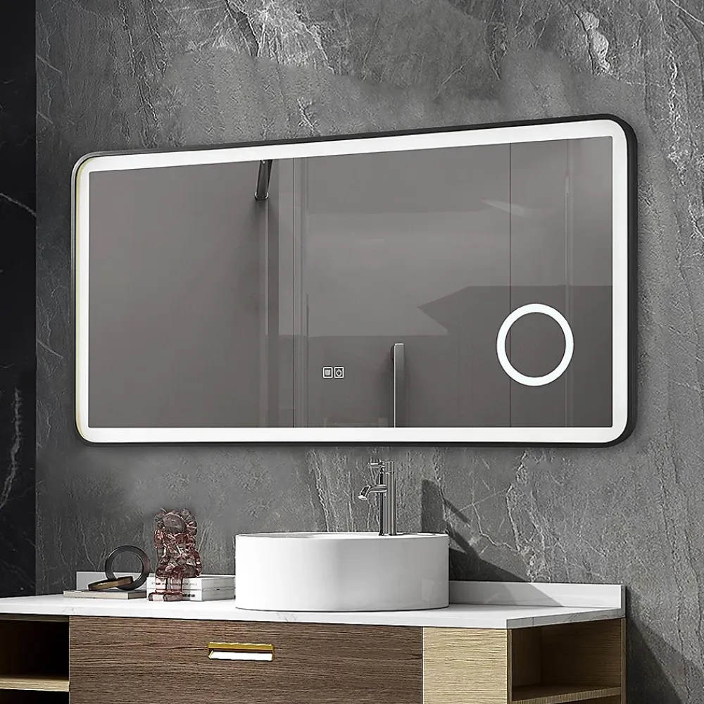 Luxury Bain Miroir salle de bain LED 110x60cm anti buée avec cadre en aluminium noir et loupe x3 LB-4685B