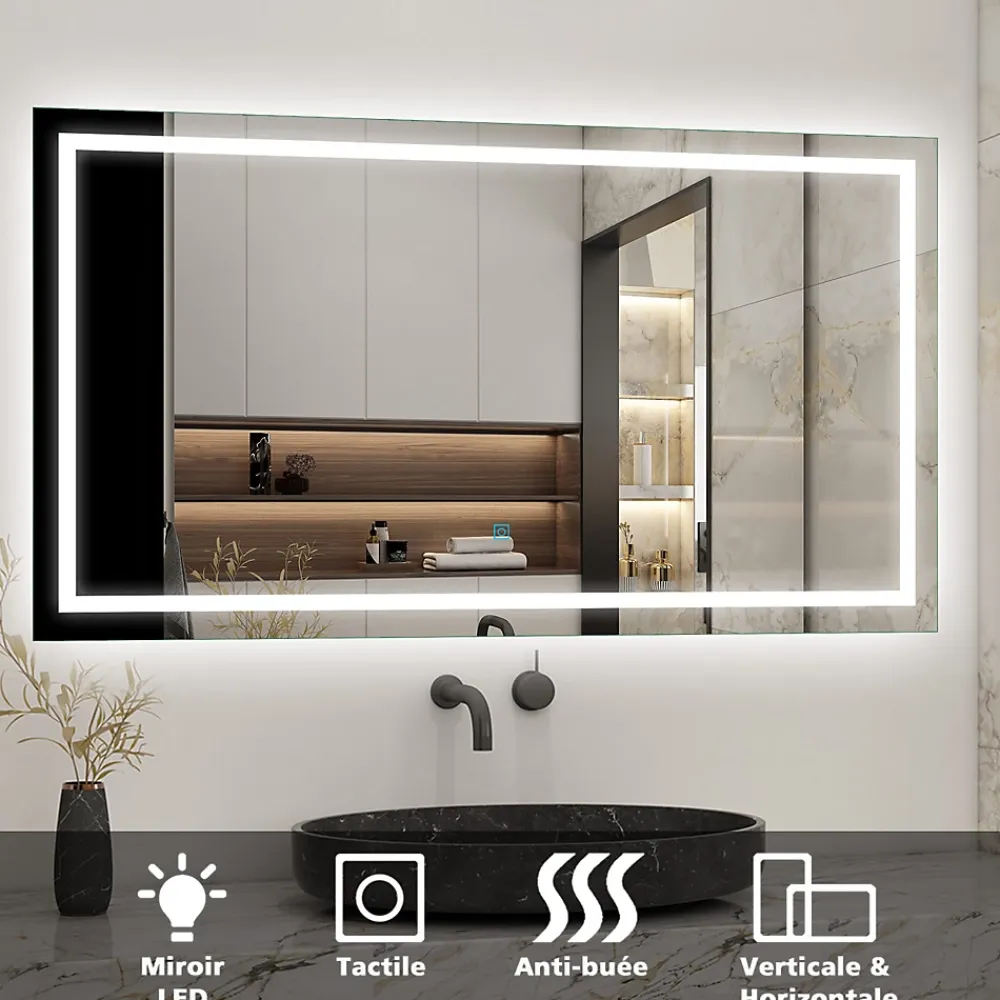 AICA Sanitaire Miroir salle de bain led anti-buée, avec éclairage LED 80 x 60cm réversible, IP44 commande par effleurement,