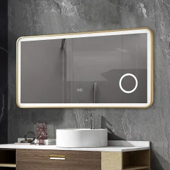 Luxury Bain Miroir salle de bain LED 90x60cm anti buée avec cadre en aluminium doré et loupe x3 LB-4685G