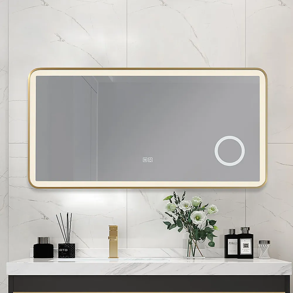 Luxury Bain Miroir salle de bain LED 90x60cm anti buée avec cadre en aluminium doré et loupe x3 LB-4685G