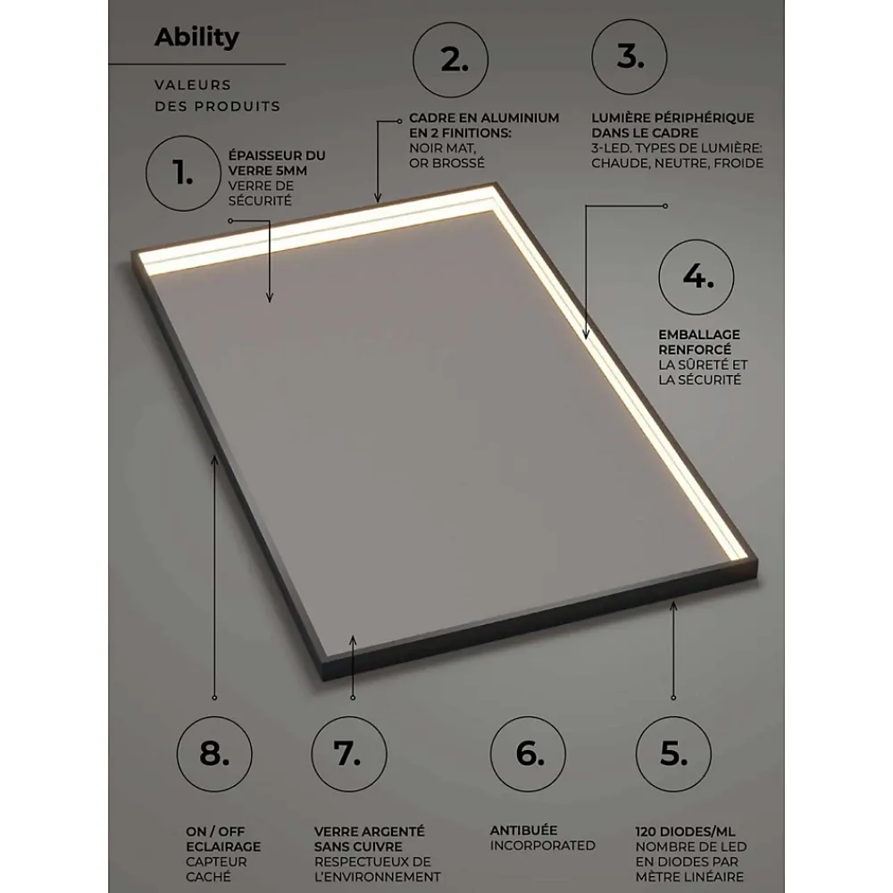 Ledimex Miroir Salle de Bain LED Réglable 80x120cm - Noir Mat - Anti-Buée & Détecteur de Mouvement - ABILITY