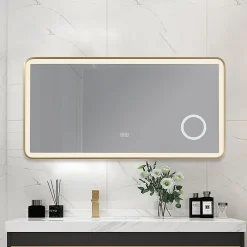 Miroir Lumineux|Luxury Bain Miroir salle de bain LED 120x60cm anti buée avec cadre en aluminium doré et loupe x3 LB-4685G