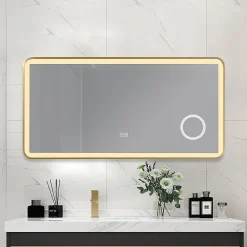 Miroir Lumineux|Luxury Bain Miroir salle de bain LED 120x60cm anti buée avec cadre en aluminium doré et loupe x3 LB-4685G