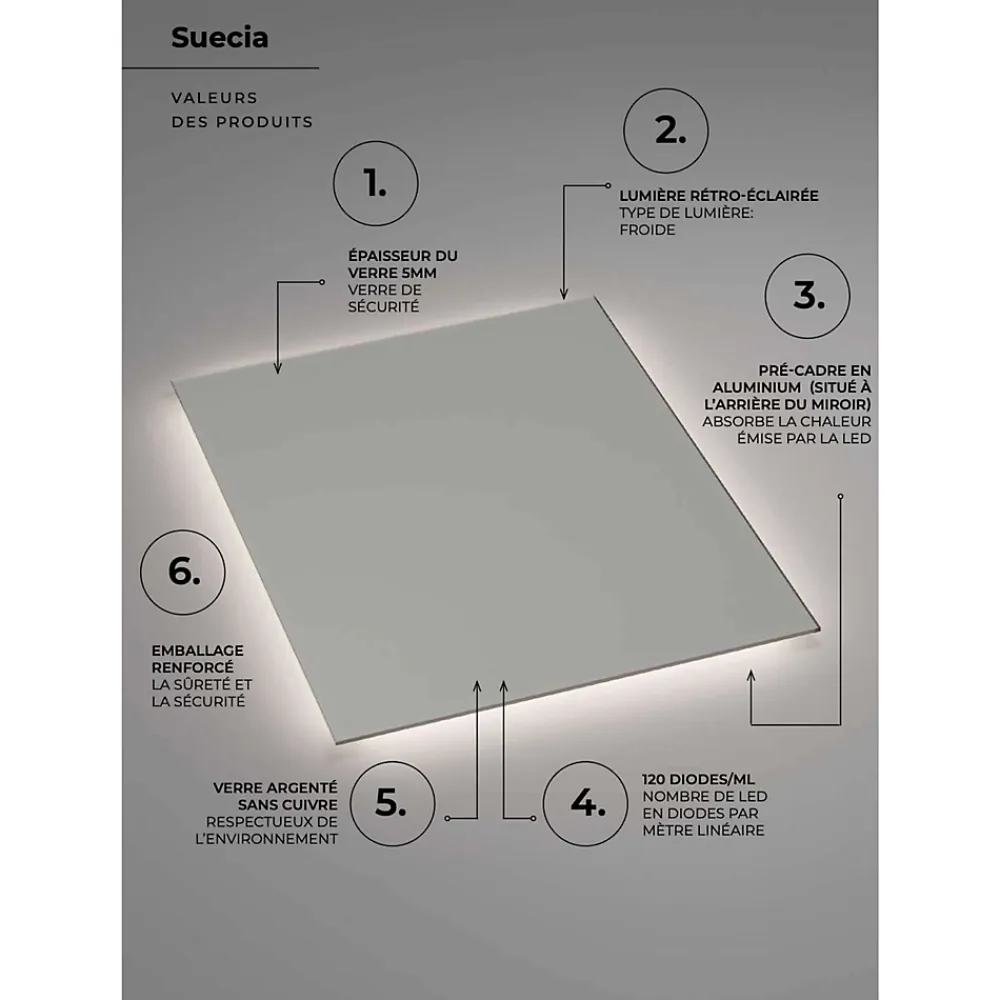 Ledimex Miroir Salle de Bain LED Rétro-Éclairé (6500K) - 120x80cm - Verre Sécurité 5mm - SUECIA