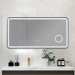 Luxury Bain Miroir salle de bain LED 120x60cm anti buée avec cadre en aluminium noir et loupe x3 LB-4685B