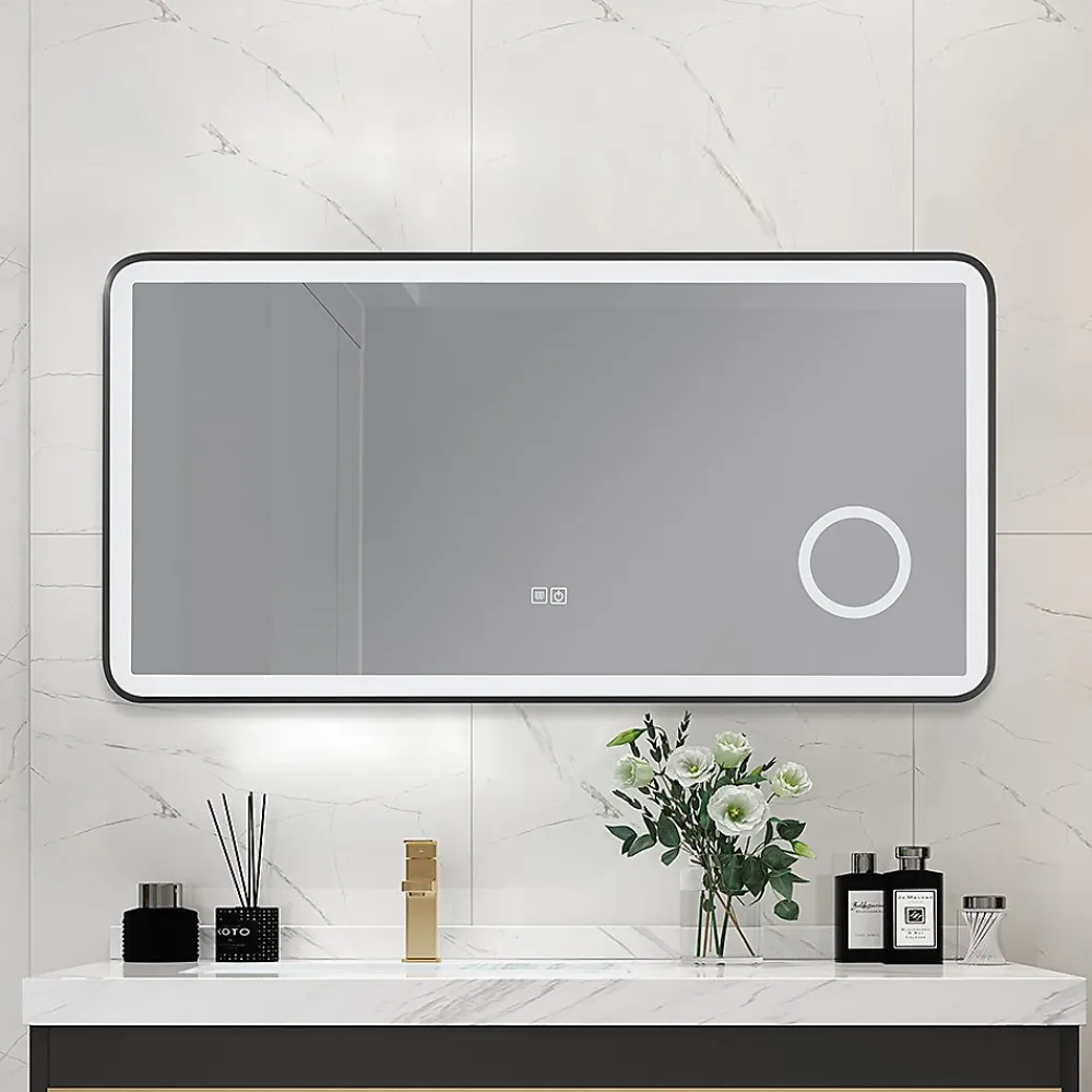 Luxury Bain Miroir salle de bain LED 120x60cm anti buée avec cadre en aluminium noir et loupe x3 LB-4685B