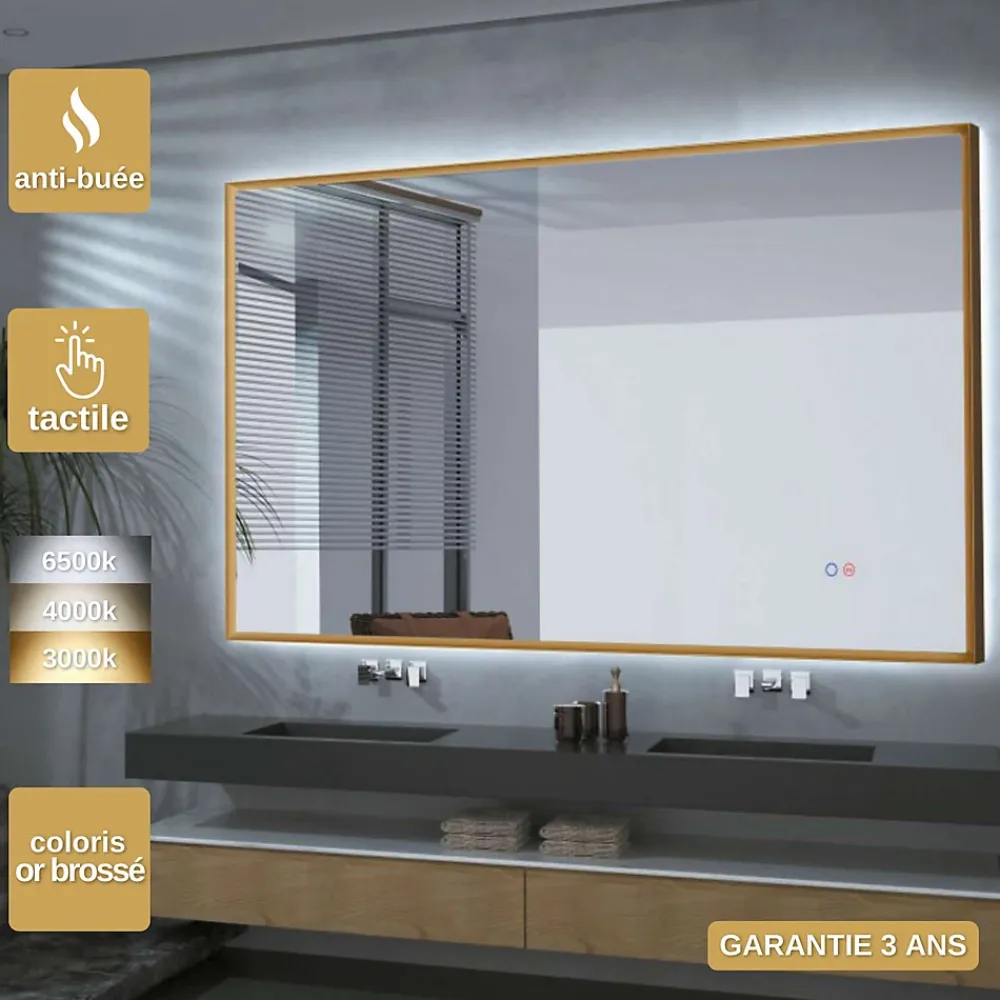 Ledimex Miroir Salle de Bain LED Réglable 120x80cm - Or Brossé - Commandes Tactiles & Anti-Buée - CALIFORNIA