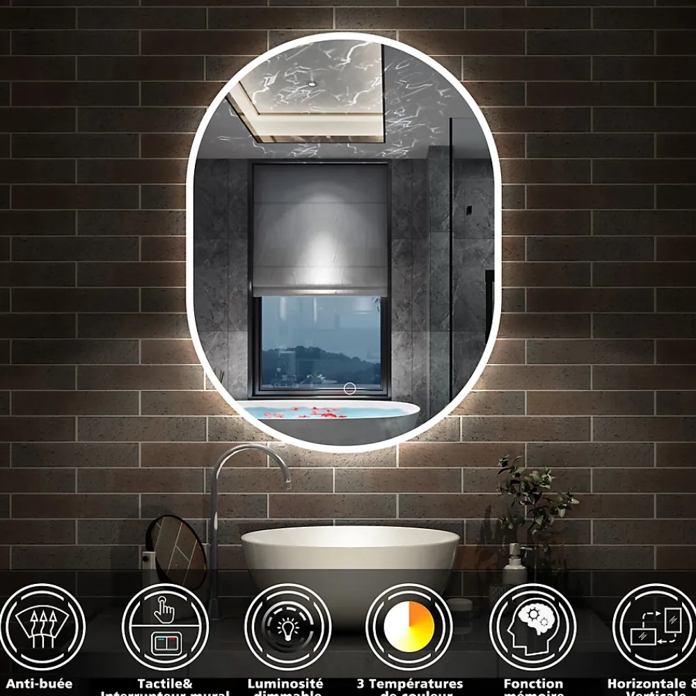 Miroir Lumineux|AICA Sanitaire Miroir salle de bain LED 60x80cm tricolore + anti-buée + dimmable + mémoire,