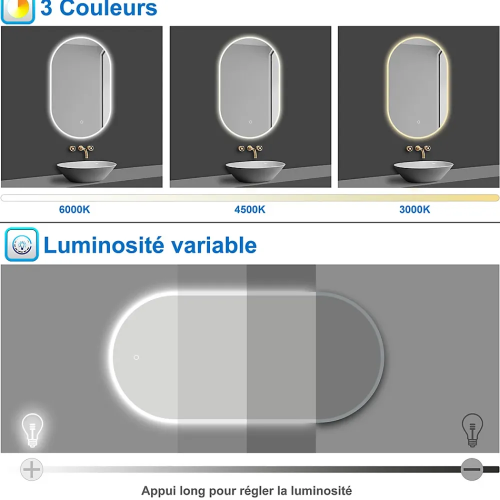 Miroir Lumineux|AICA Sanitaire Miroir salle de bain LED 60x80cm tricolore + anti-buée + dimmable + mémoire,