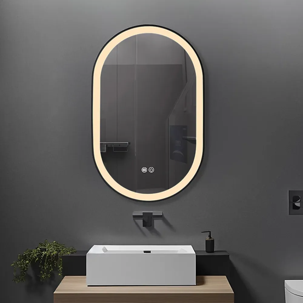 Miroir Lumineux|Luxury Bain Miroir salle de bain LED ovale 50x80cm anti buée avec cadre en aluminium noir- LuxuryBain