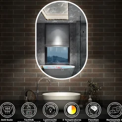 AICA Sanitaire Miroir salle de bain LED 45x90cm tricolore + anti-buée + dimmable + mémoire,