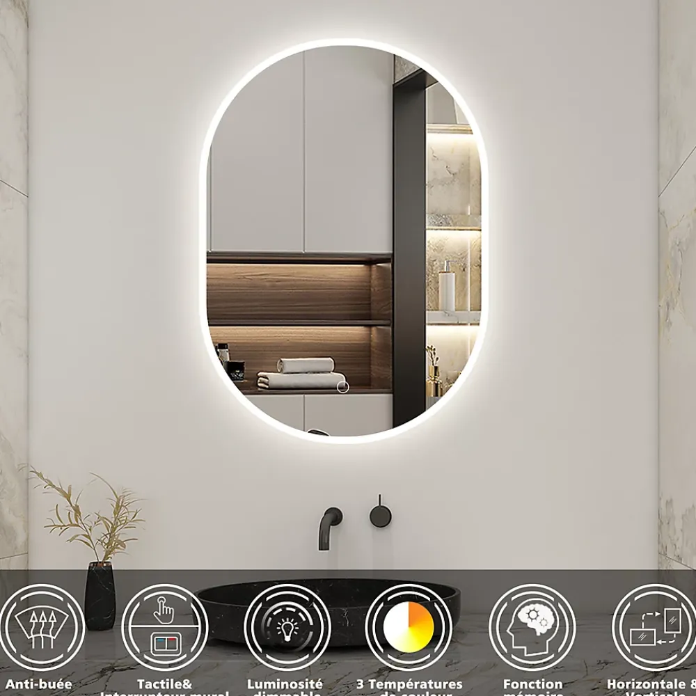 AICA Sanitaire Miroir salle de bain LED 45x90cm tricolore + anti-buée + dimmable + mémoire,