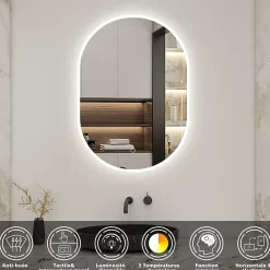 AICA Sanitaire Miroir salle de bain LED 60x80cm tricolore + anti-buée + dimmable + mémoire,