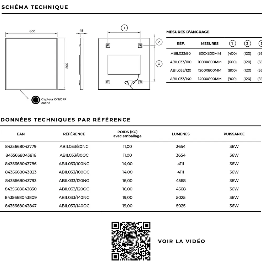 Ledimex Miroir Salle de Bain LED Réglable 80x100cm - Noir Mat - Anti-Buée & Détecteur de Mouvement - ABILITY