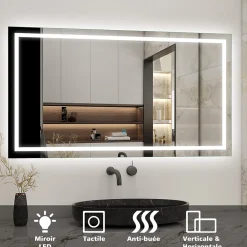 AICA Sanitaire Miroir salle de bain led anti-buée, avec éclairage LED 100 x 80cm réversible, IP44 commande par effleurement,