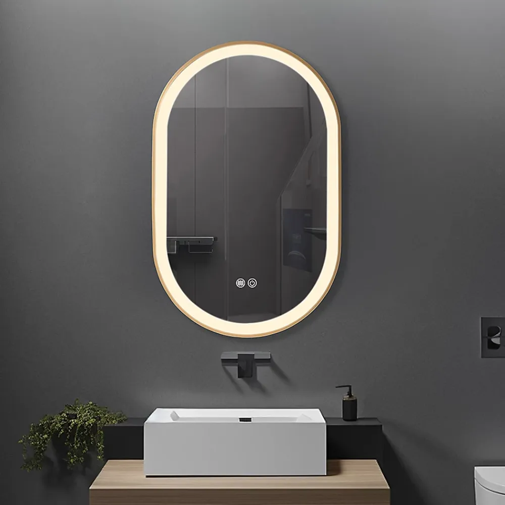 Luxury Bain Miroir salle de bain LED ovale 60x90cm anti buée avec cadre en aluminium doré- LuxuryBain