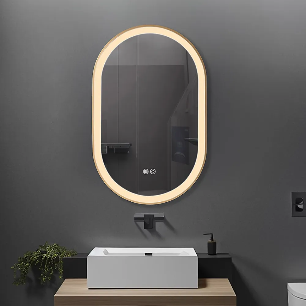 Luxury Bain Miroir salle de bain LED ovale 60x90cm anti buée avec cadre en aluminium doré- LuxuryBain