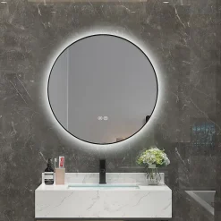 Miroir Lumineux|Luxury Bain Miroir salle de bain LED rond 90cm anti buée avec cadre noir LB-4647BA
