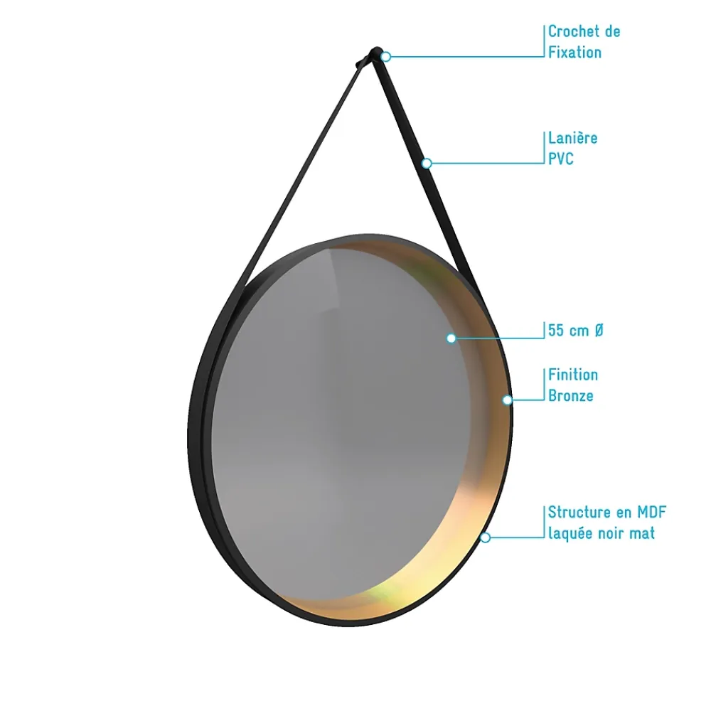 Aurlane Miroir salle de bain rond - diamètre 55cm - noir mat et finition bronze - CIRCLE HORUS