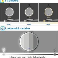 AICA Sanitaire Miroir salle de bain rond LED 50cm tricolore + anti-buée + dimmable + mémoire,avec ceinture en cuir amovible,noir,