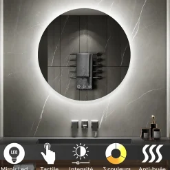 Miroir Lumineux|Saniverre Miroir salle de bain VEKIO LED lumineux rond 80 cm diam. fonction anti-buée + intensité & couleur réglables -