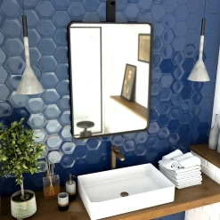 Miroir Simple|Aurlane Miroir salle de bain 60x80cm suspendu noir mat - avec lanière effet cuir noir - NORDIK REKTANGEL