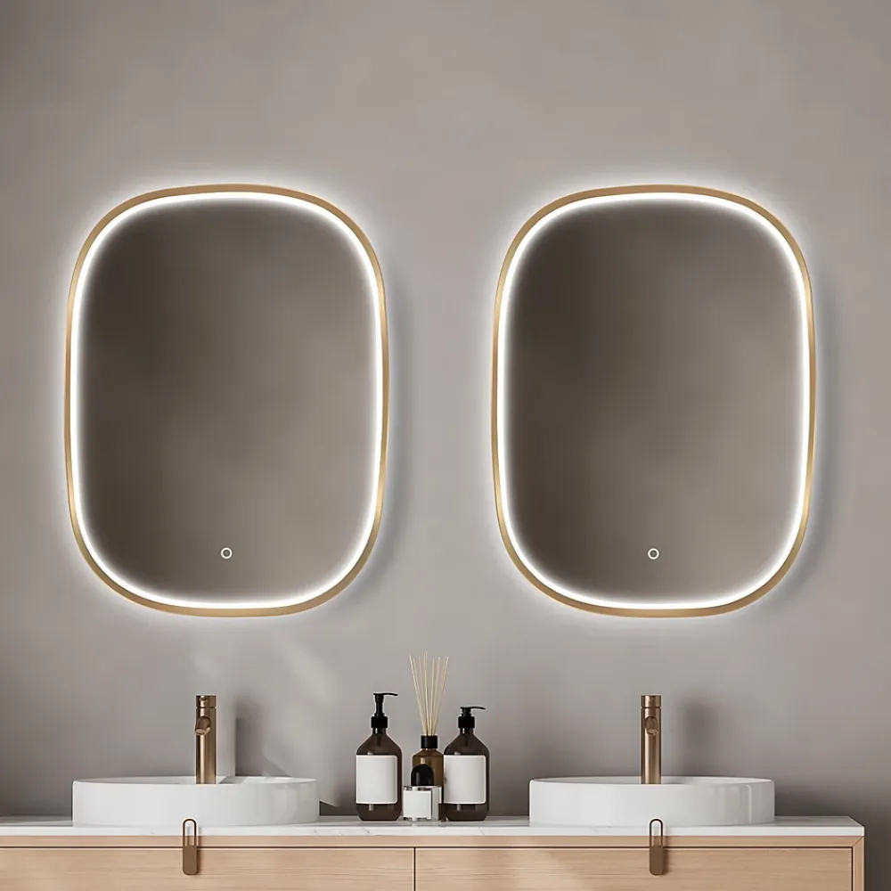 Miroir Lumineux|MPGlass Miroir salle de bains éclairant à LED cadre doré l.60 x H.80 x P.4 cm, anti-buée, Céleste