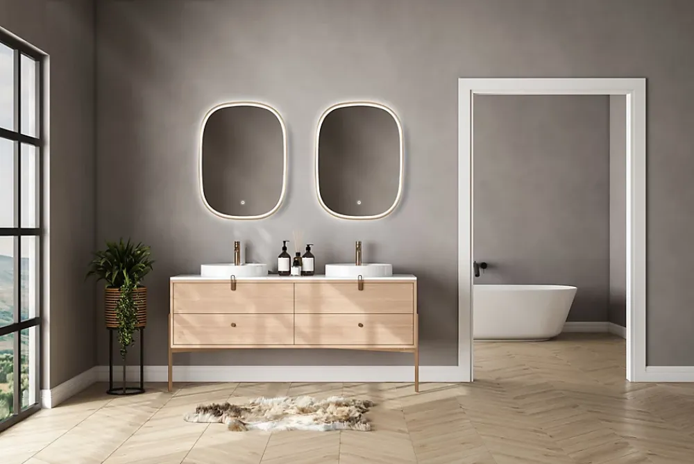 Miroir Lumineux|MPGlass Miroir salle de bains éclairant à LED cadre doré l.60 x H.80 x P.4 cm, anti-buée, Céleste