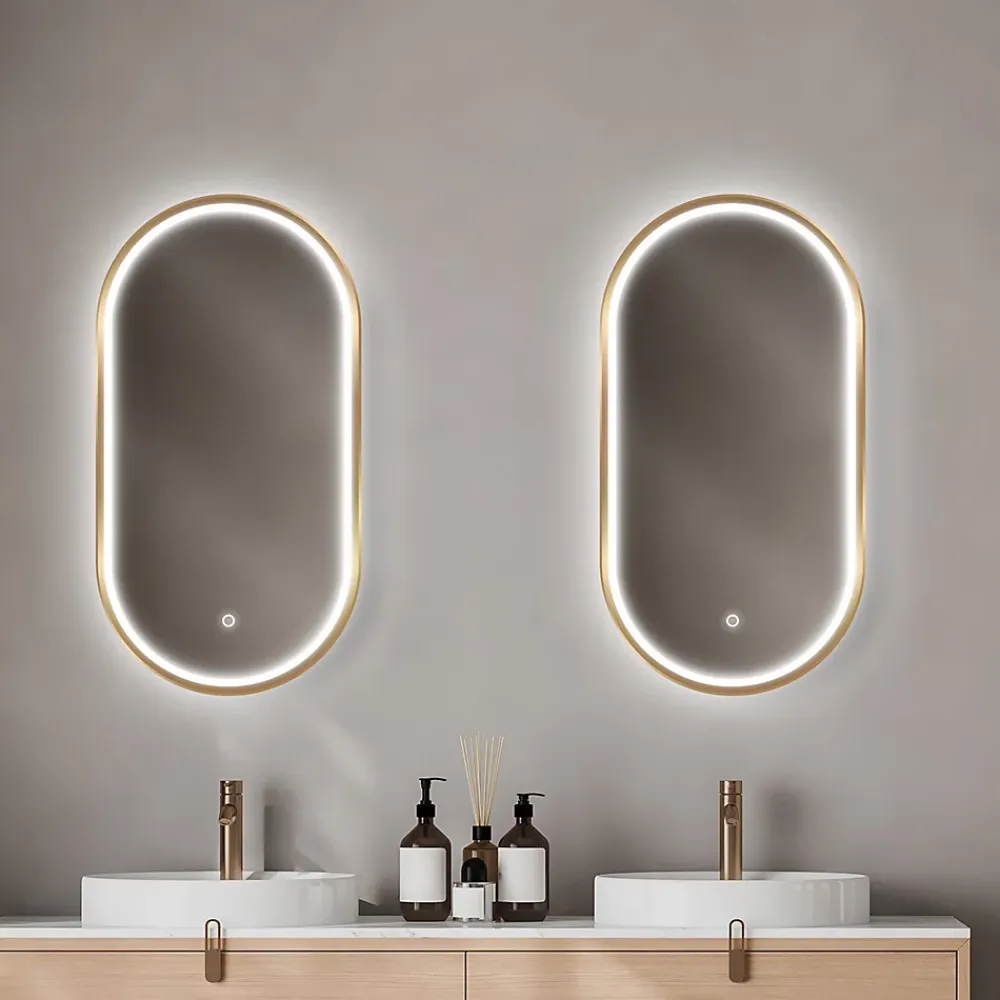 MPGlass Miroir salle de bains éclairant à LED cadre doré oblong l.45 x H.85 x P.4 cm, anti-buée, Céleste