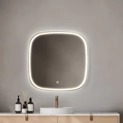 MPGlass Miroir salle de bains éclairant à LED cadre doré carré l.80 x H.80 x P.4 cm, anti-buée, Céleste