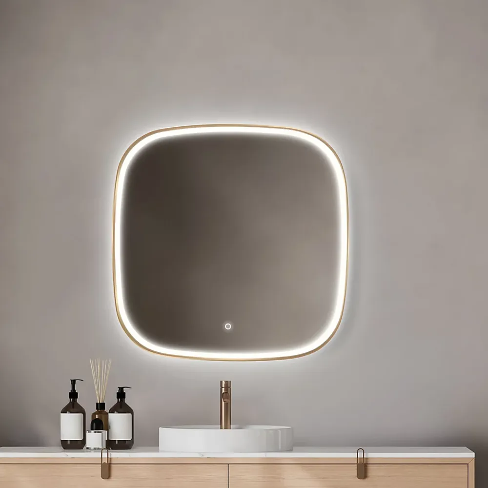 MPGlass Miroir salle de bains éclairant à LED cadre doré carré l.80 x H.80 x P.4 cm, anti-buée, Céleste