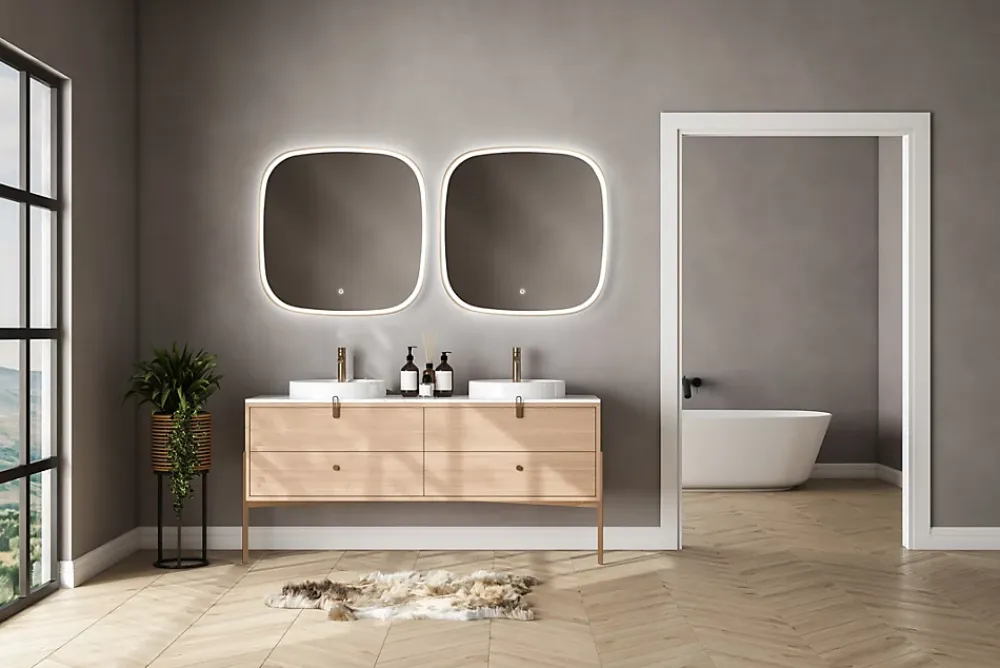 MPGlass Miroir salle de bains éclairant à LED cadre doré carré l.80 x H.80 x P.4 cm, anti-buée, Céleste