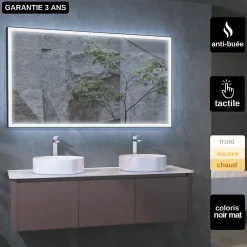 Miroir Lumineux|Ledimex Miroir Salle de Bains Lumineux SUIZA Anti-Buée et Eclairage Frontal Triled Tactile On/Off Noir Mat 70x80cm