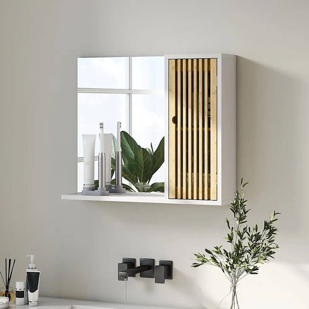 Armoire De Toilette|Homcom Miroir étagère style cosy - armoire miroir salle de bain 1 porte - bambou blanc