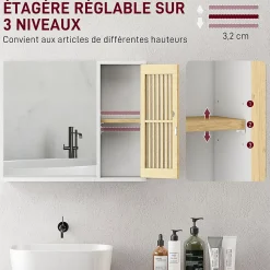Armoire De Toilette|Homcom Miroir étagère style cosy - armoire miroir salle de bain 1 porte - bambou blanc