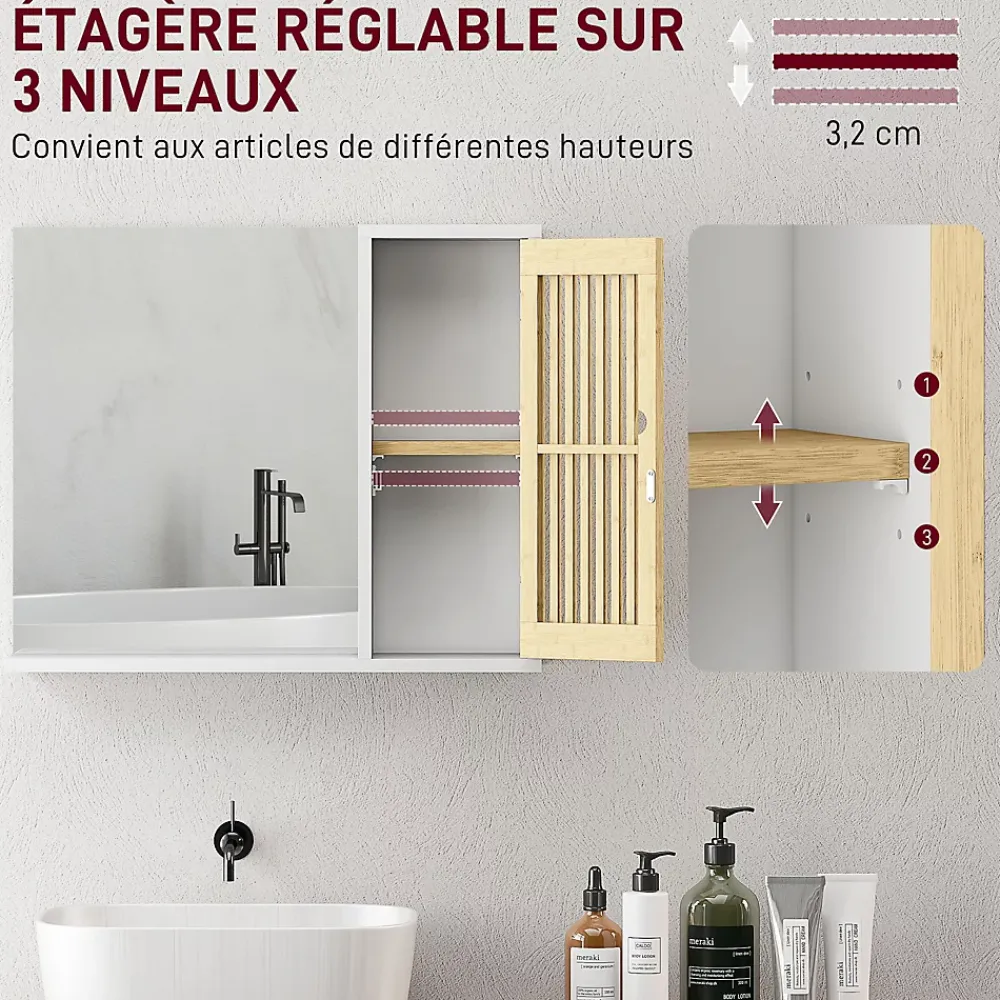 Armoire De Toilette|Homcom Miroir étagère style cosy - armoire miroir salle de bain 1 porte - bambou blanc