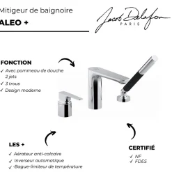 Robinet De Baignoire|Jacob Delafon Mitigeur baignoire Aleo+ 3 trous + pommeau de douche + flexible