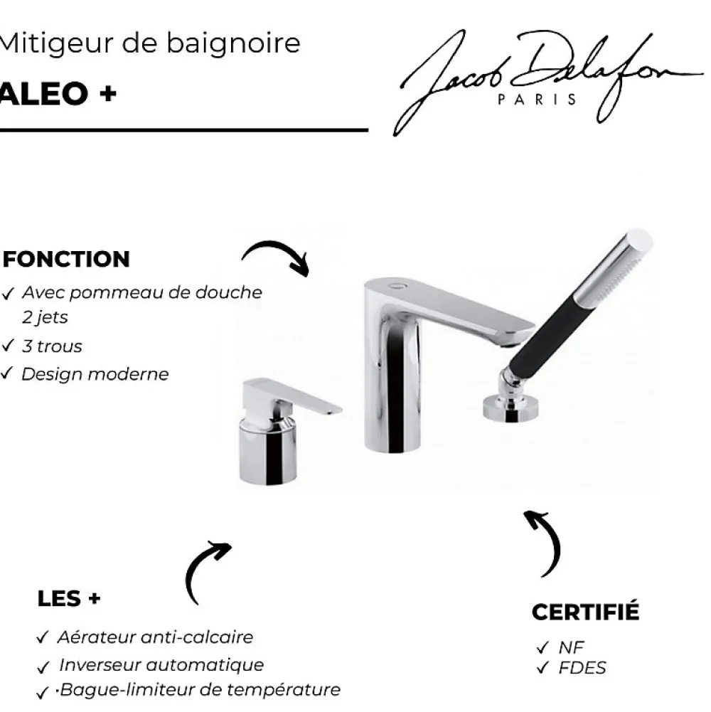 Robinet De Baignoire|Jacob Delafon Mitigeur baignoire Aleo+ 3 trous + pommeau de douche + flexible