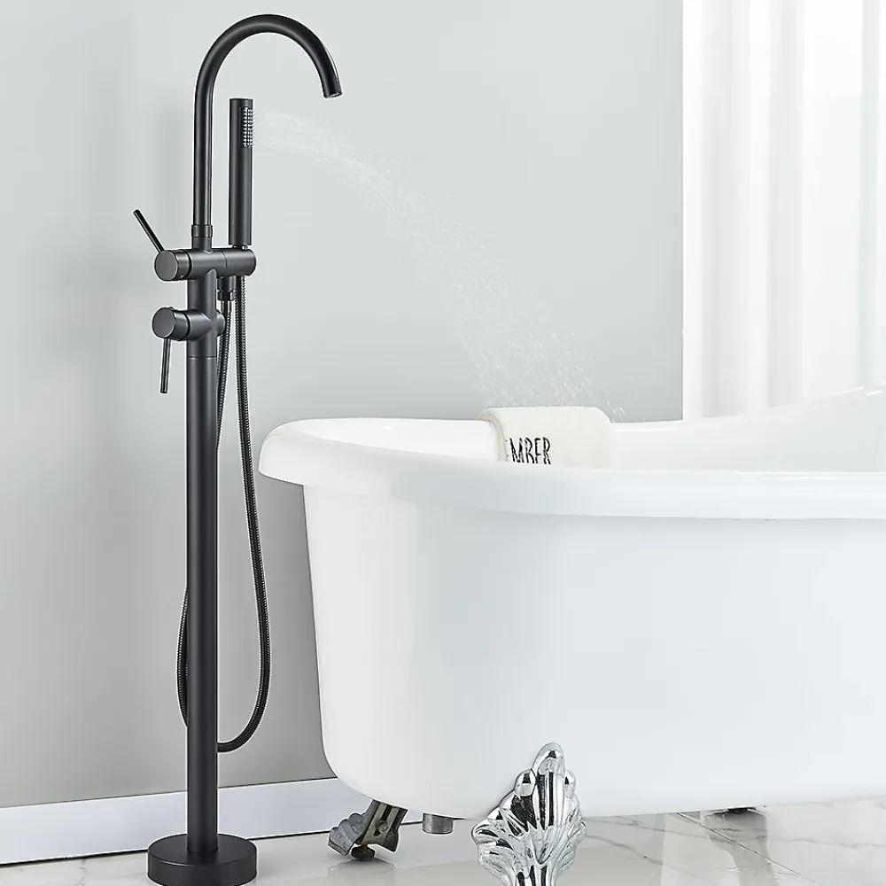 Signature Mitigeur baignoire îlot Noir mat, Bec cascade, Douchette, Laiton massif