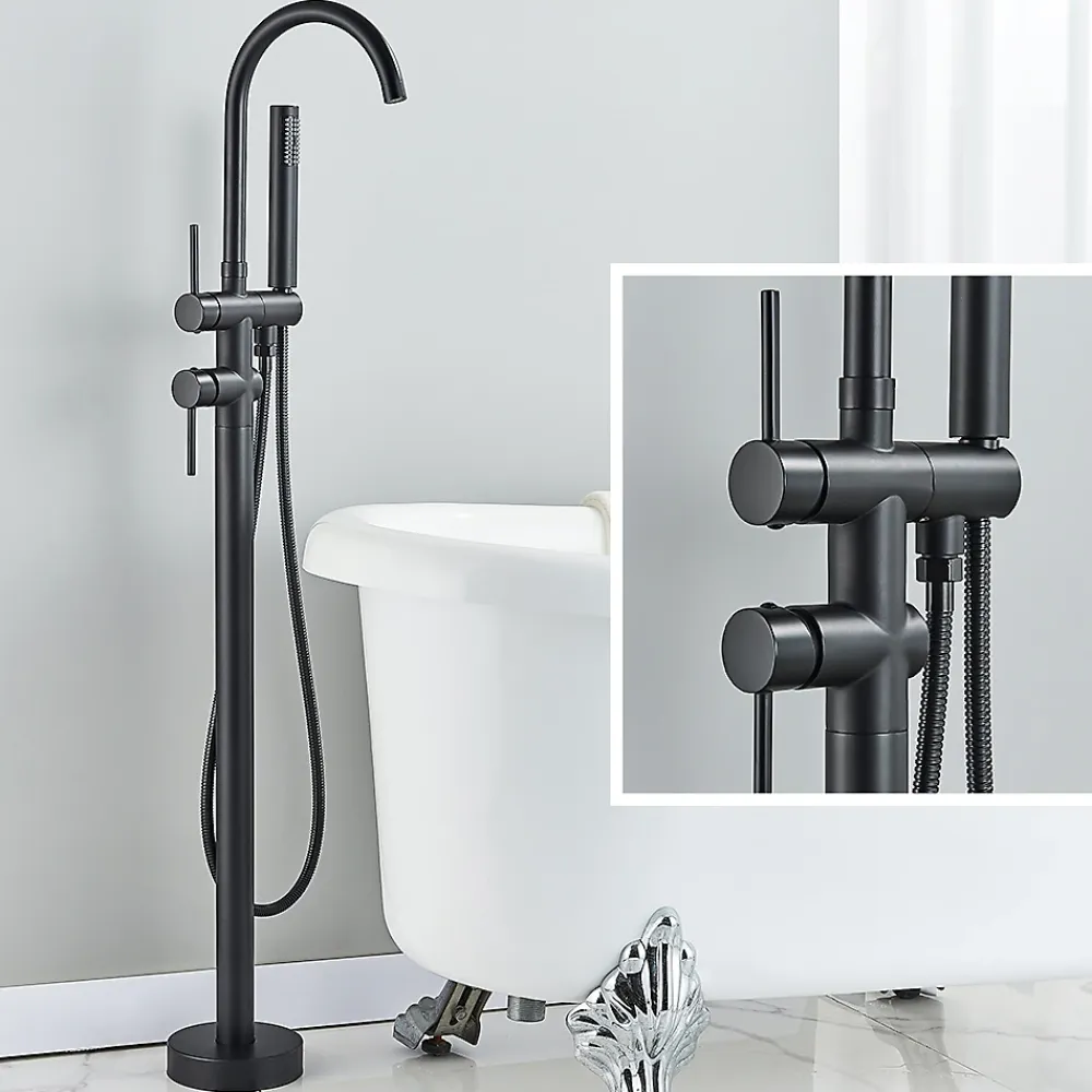 Signature Mitigeur baignoire îlot Noir mat, Bec cascade, Douchette, Laiton massif