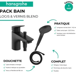 Hansgrohe Mitigeur baignoire mécanique Logis C2 + pack pommeau Vernis Blend 2 jets EcoSmart + flexible Isiflex 160 cm noir mat