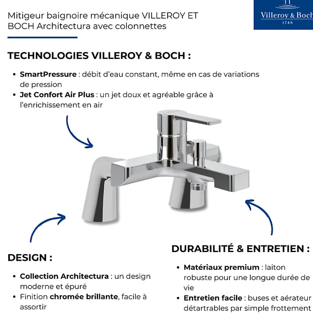 Villeroy & Boch Mitigeur baignoire mécanique VILLEROY ET BOCH Architectura avec colonnettes