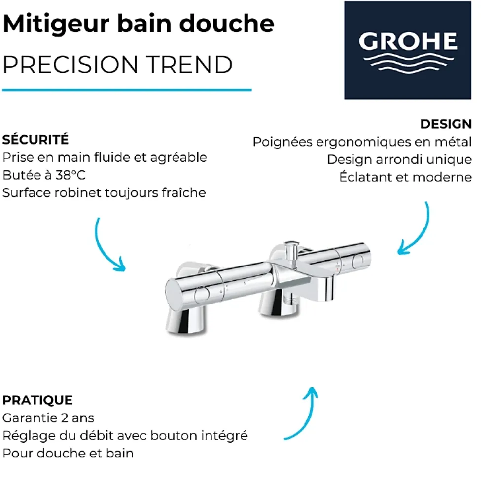 Grohe Mitigeur baignoire thermostatique Precision Get + Colonnettes Luxe chromé