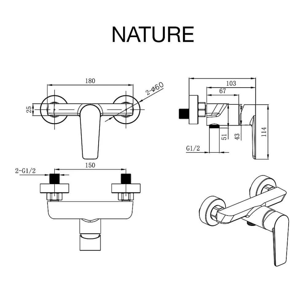 Robinet De Baignoire|Poalgi Mitigeur bain douche mécanique avec douchette SKY BATH chromé série NATURE