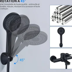 Homelody Mitigeur Bain Douche Mecanique Robinet de Douche Bain Mecanique Monocommande Double Sortie Mural Acier Inoxydable Noir